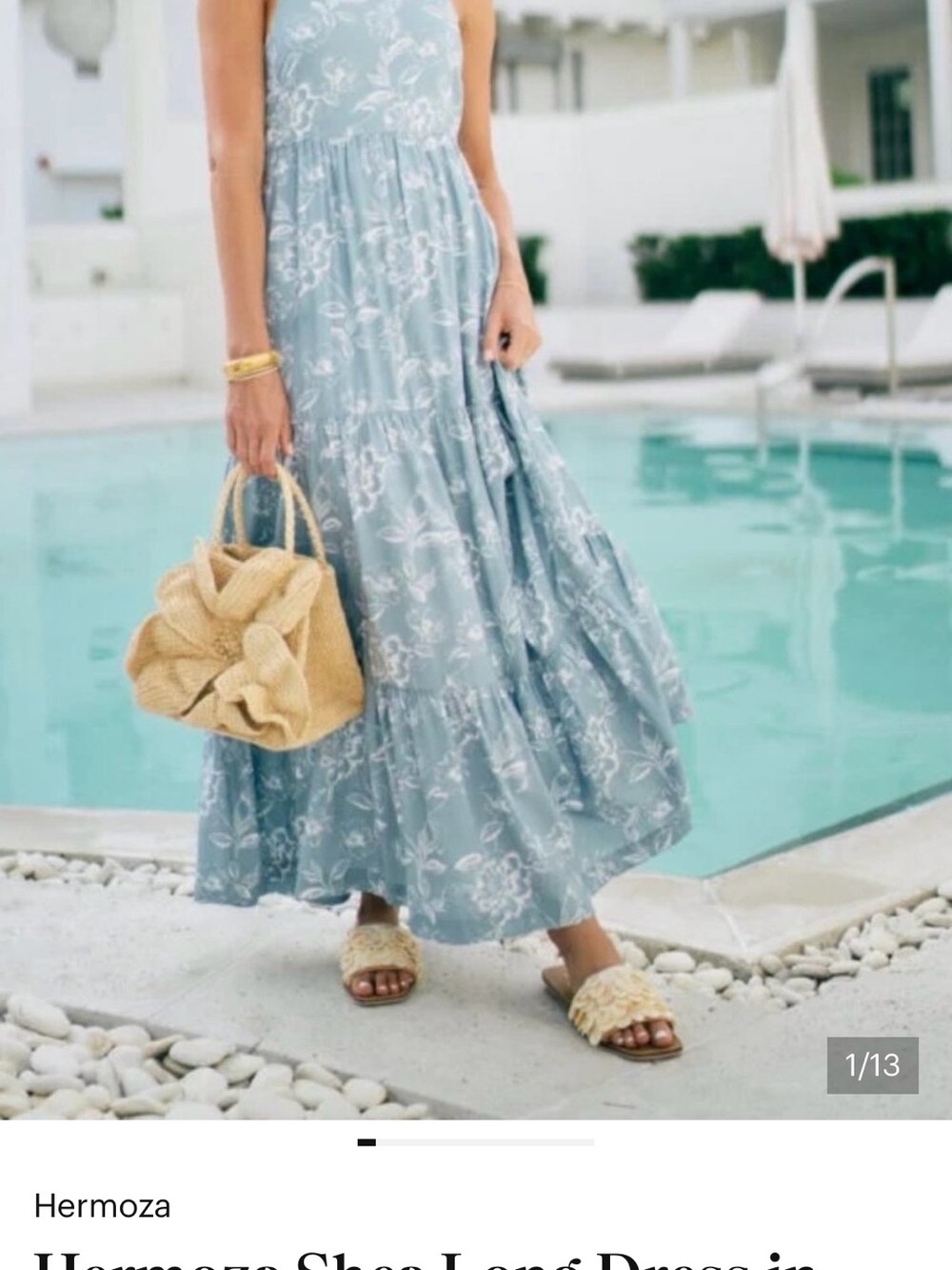 Hermoza Light Blue Floral Tiered Maxi Dress with White Print